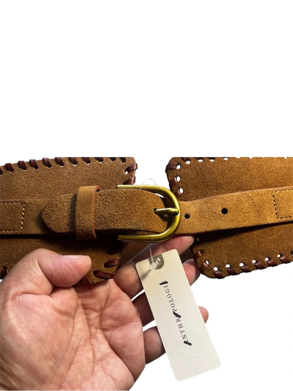 Anthropologie Suede Corset Belt Cognac with Gold Buckle
